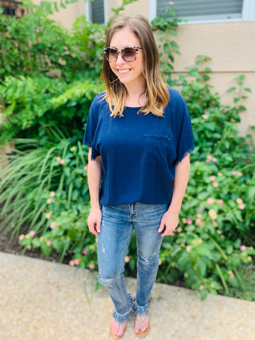 Navy Fray Hem Pocket Top