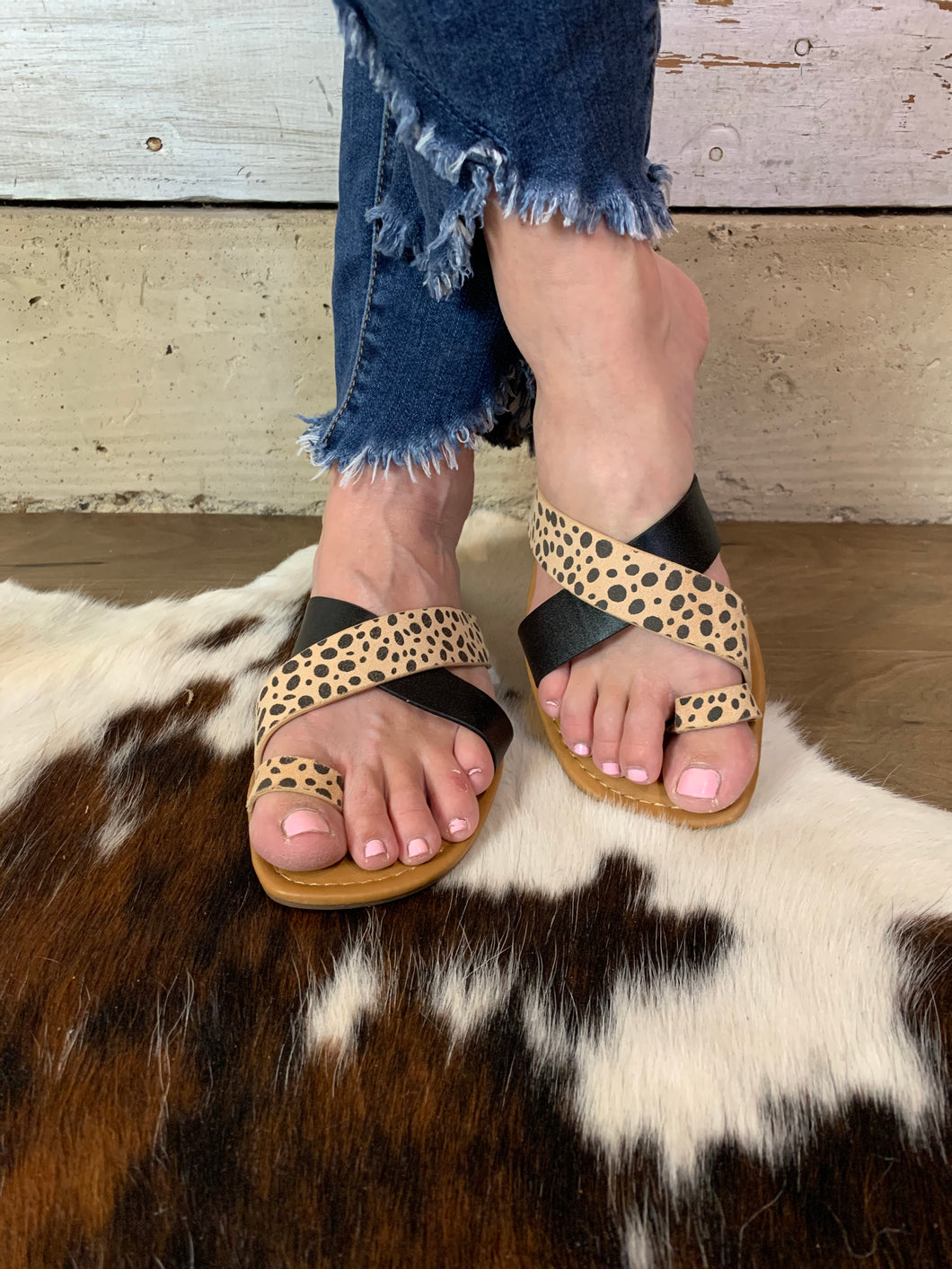 Leopard and Black Strap Sandal