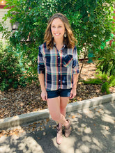 Load image into Gallery viewer, Navy and Turquoise Flannel Top
