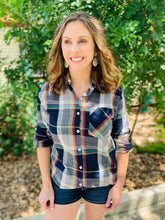 Load image into Gallery viewer, Navy and Turquoise Flannel Top
