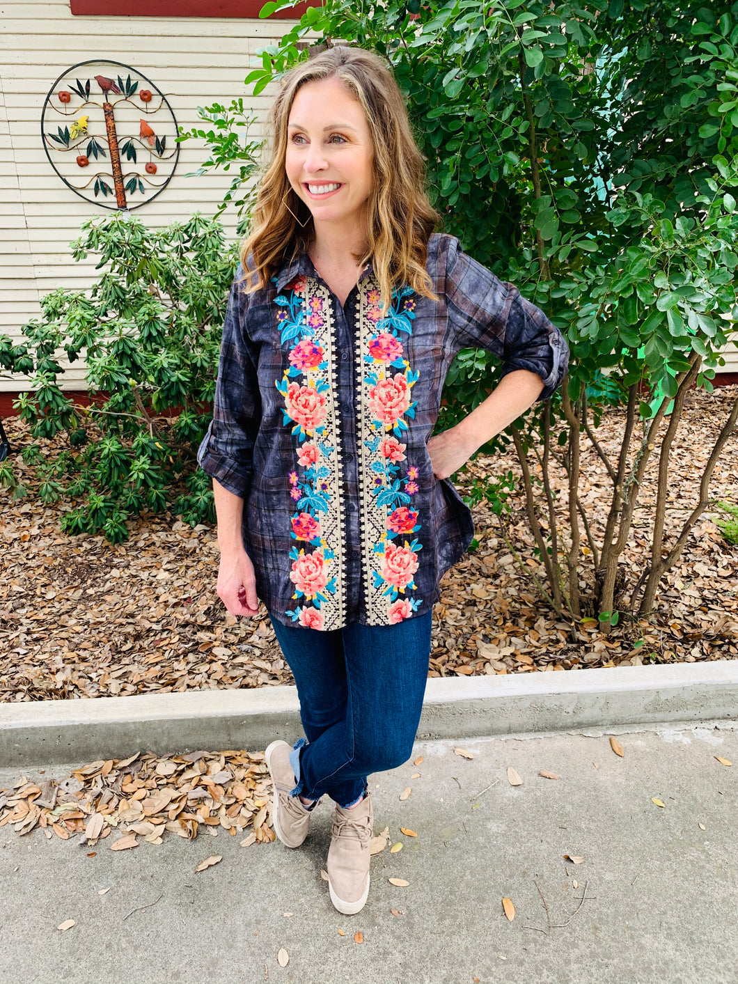 Plaid Faded Wash Embroidery Top