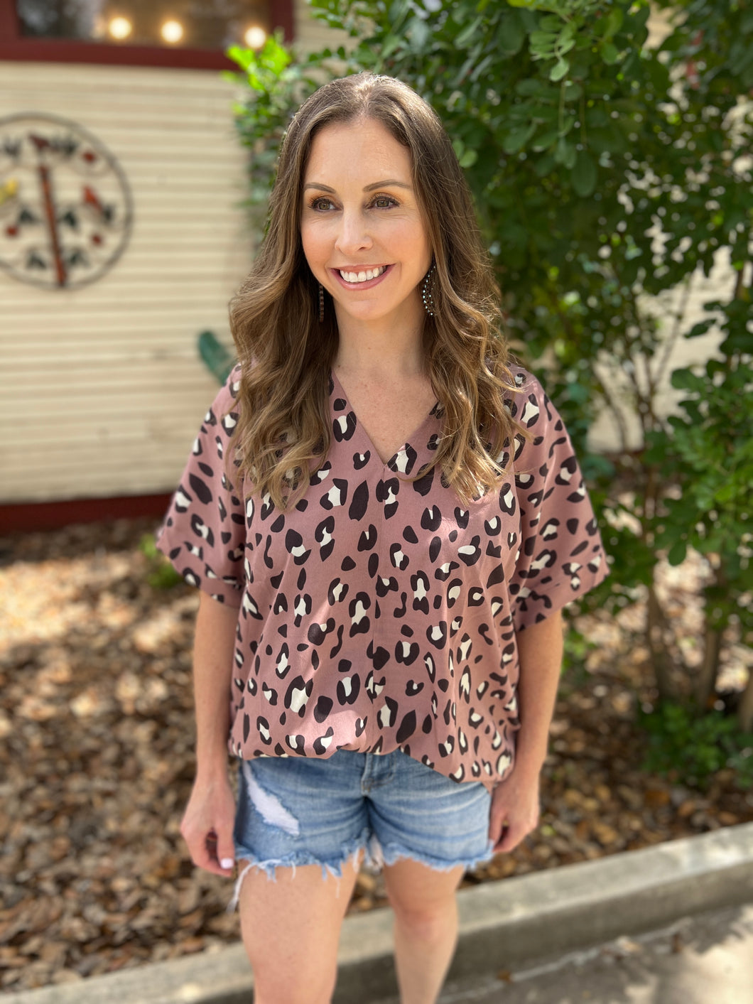 Mauve Leopard Spot V Neck Blouse