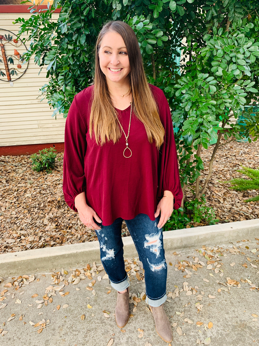 Burgundy Bubble Sleeve Blouse