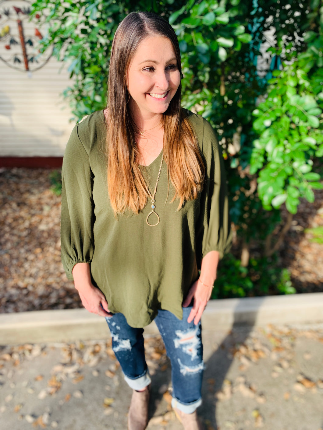 Olive Bubble Sleeve Blouse
