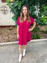 Load image into Gallery viewer, Raspberry Frayed Button Down Dress
