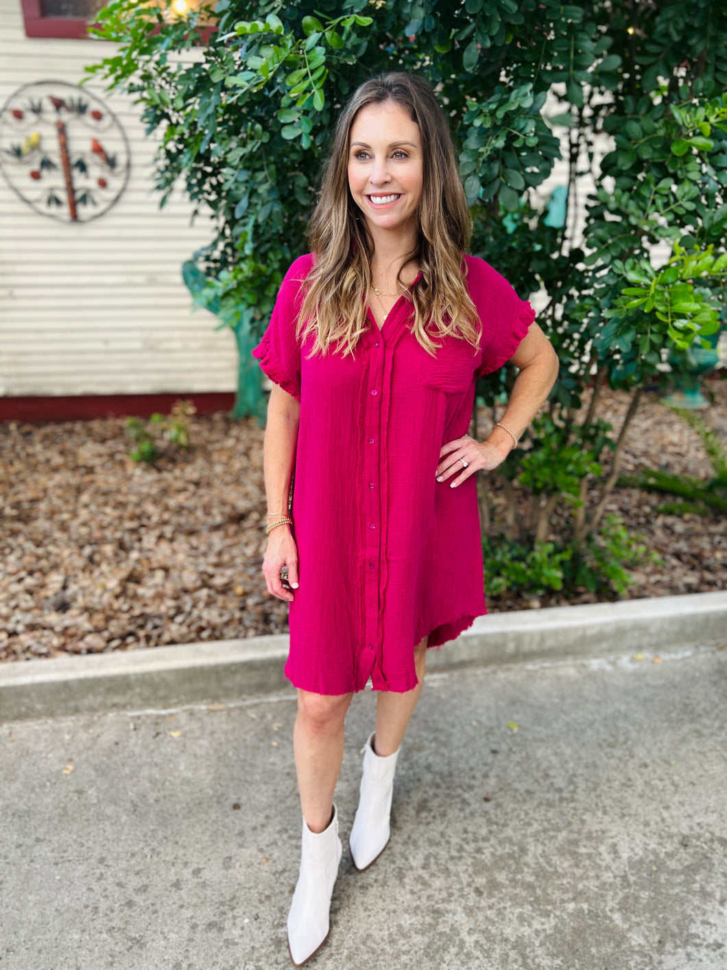 Raspberry Frayed Button Down Dress