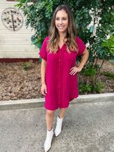 Load image into Gallery viewer, Raspberry Frayed Button Down Dress
