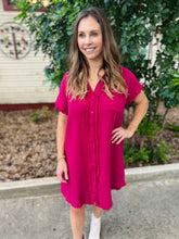 Load image into Gallery viewer, Raspberry Frayed Button Down Dress
