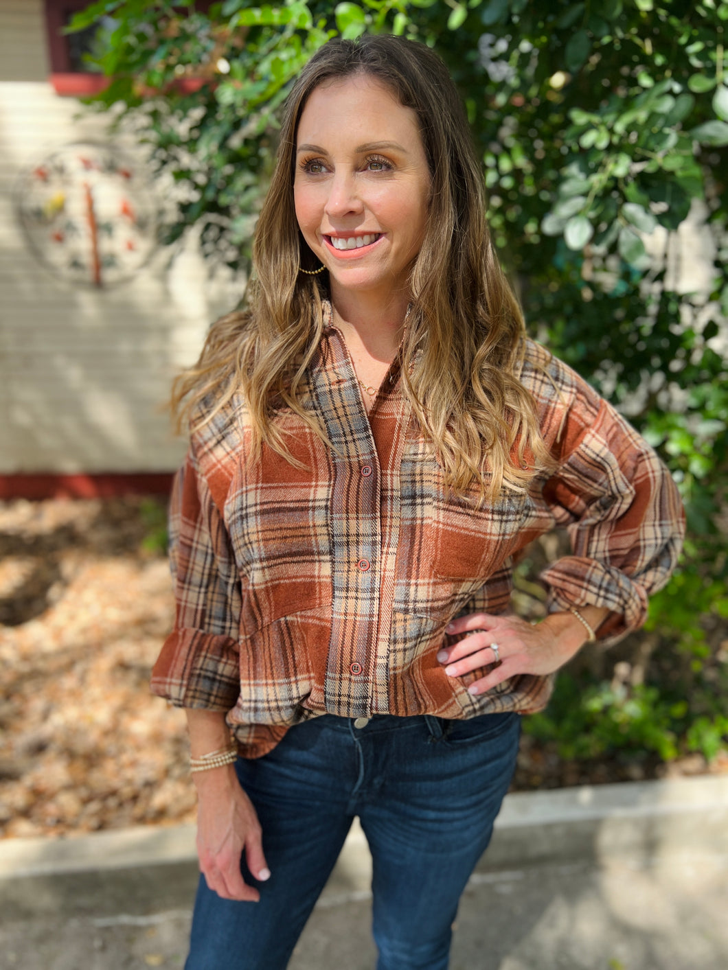 Brown Plaid Button Down Shacket