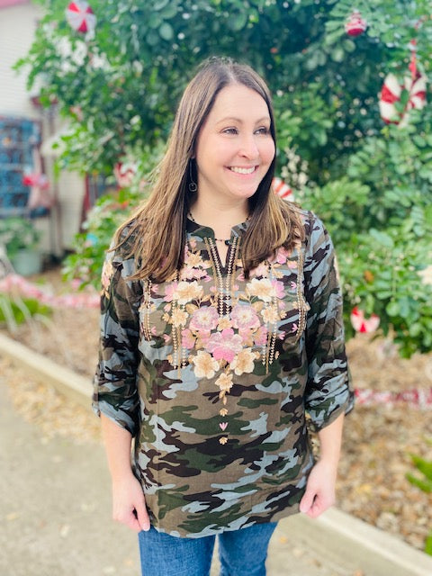 Camo Blush Embroidered Top