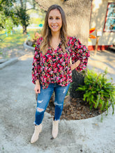 Load image into Gallery viewer, Rose Floral Bubble Sleeve Blouse
