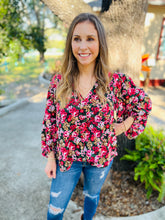 Load image into Gallery viewer, Rose Floral Bubble Sleeve Blouse
