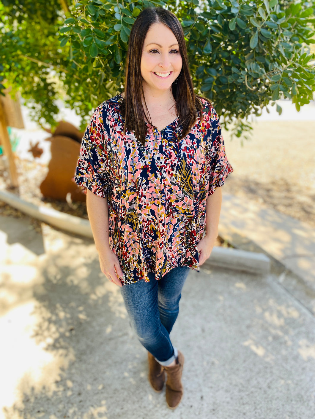 Navy & Peach Floral Top