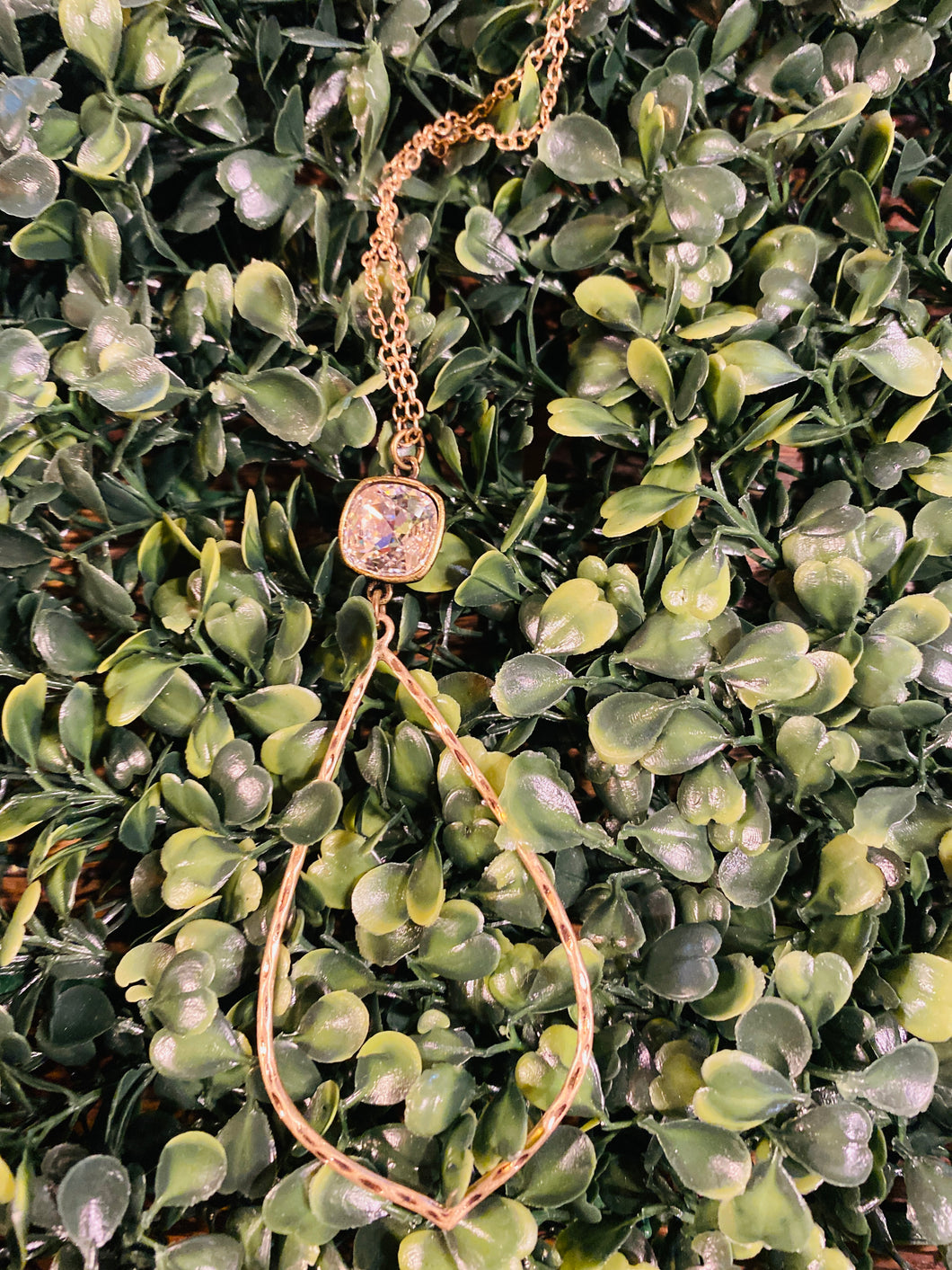 Gold Chain Teardrop Necklace with AB Cushion Cut Stone