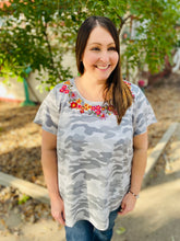 Load image into Gallery viewer, Grey Camo Floral Embroidered Top
