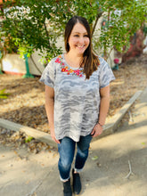 Load image into Gallery viewer, Grey Camo Floral Embroidered Top
