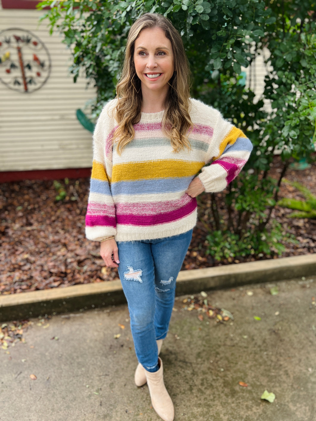 Fuzzy Crew Neck Stripe Sweater