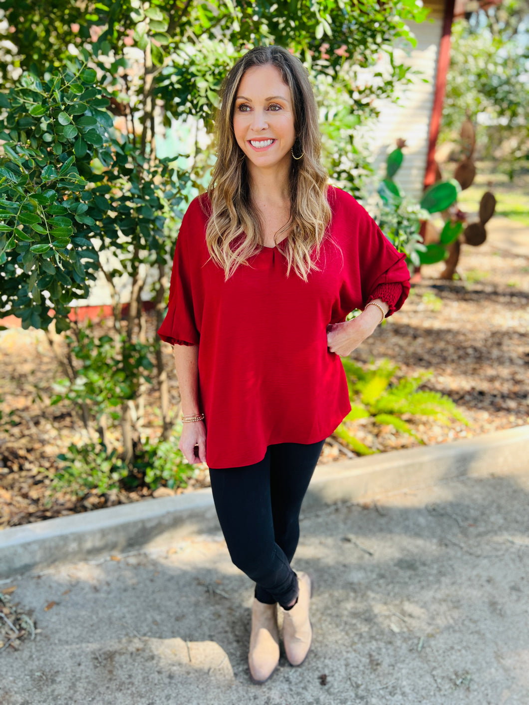 Currant Red V Neck Smocked Sleeved Blouse