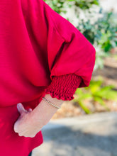 Load image into Gallery viewer, Currant Red V Neck Smocked Sleeved Blouse
