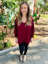 Load image into Gallery viewer, Merlot V Neck Smocked Sleeved Blouse
