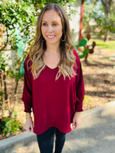 Load image into Gallery viewer, Merlot V Neck Smocked Sleeved Blouse
