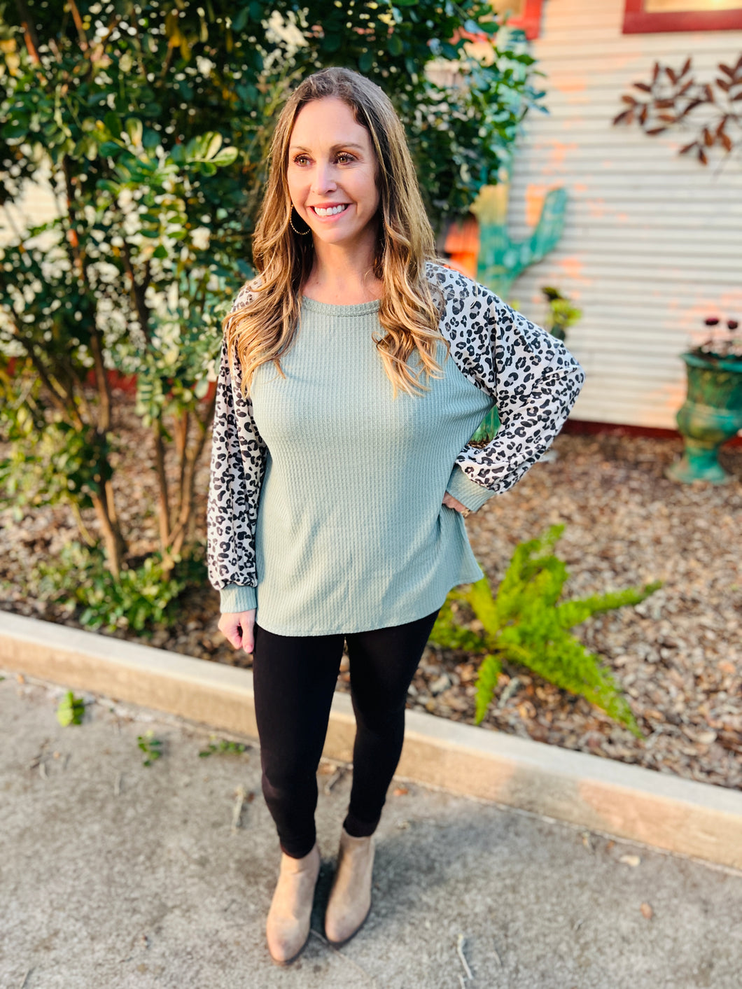 Dusty Sage Cheetah Waffle Top