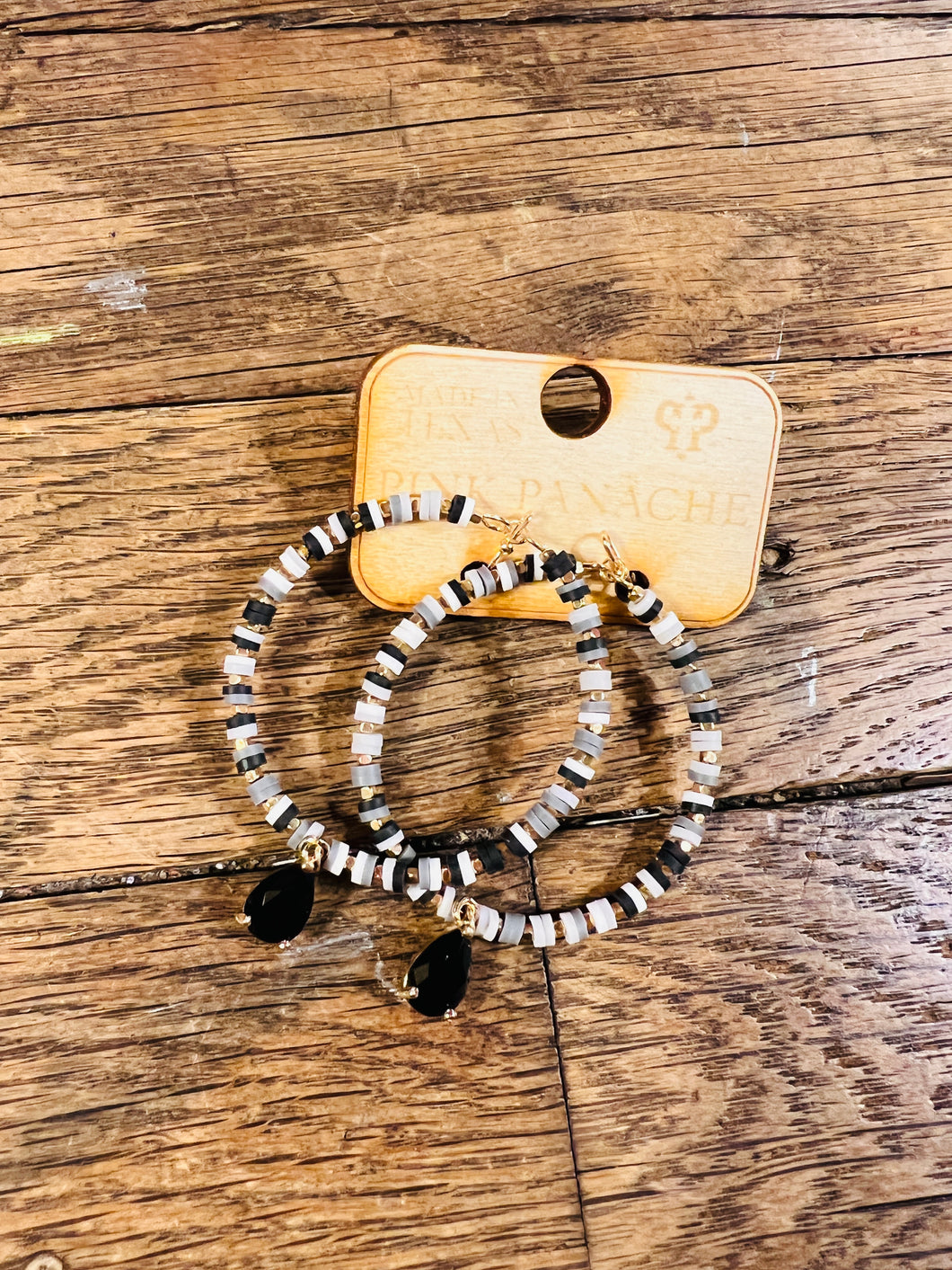 Black and Gray Hoop Gemstone Earrings