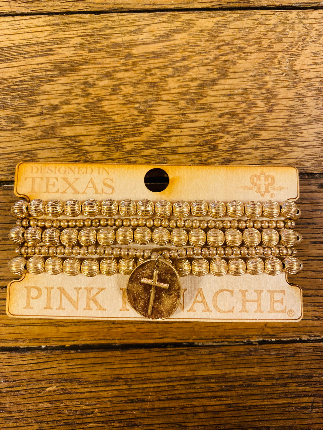 5 Strand Gold Beaded Bracelet with Cross Charm