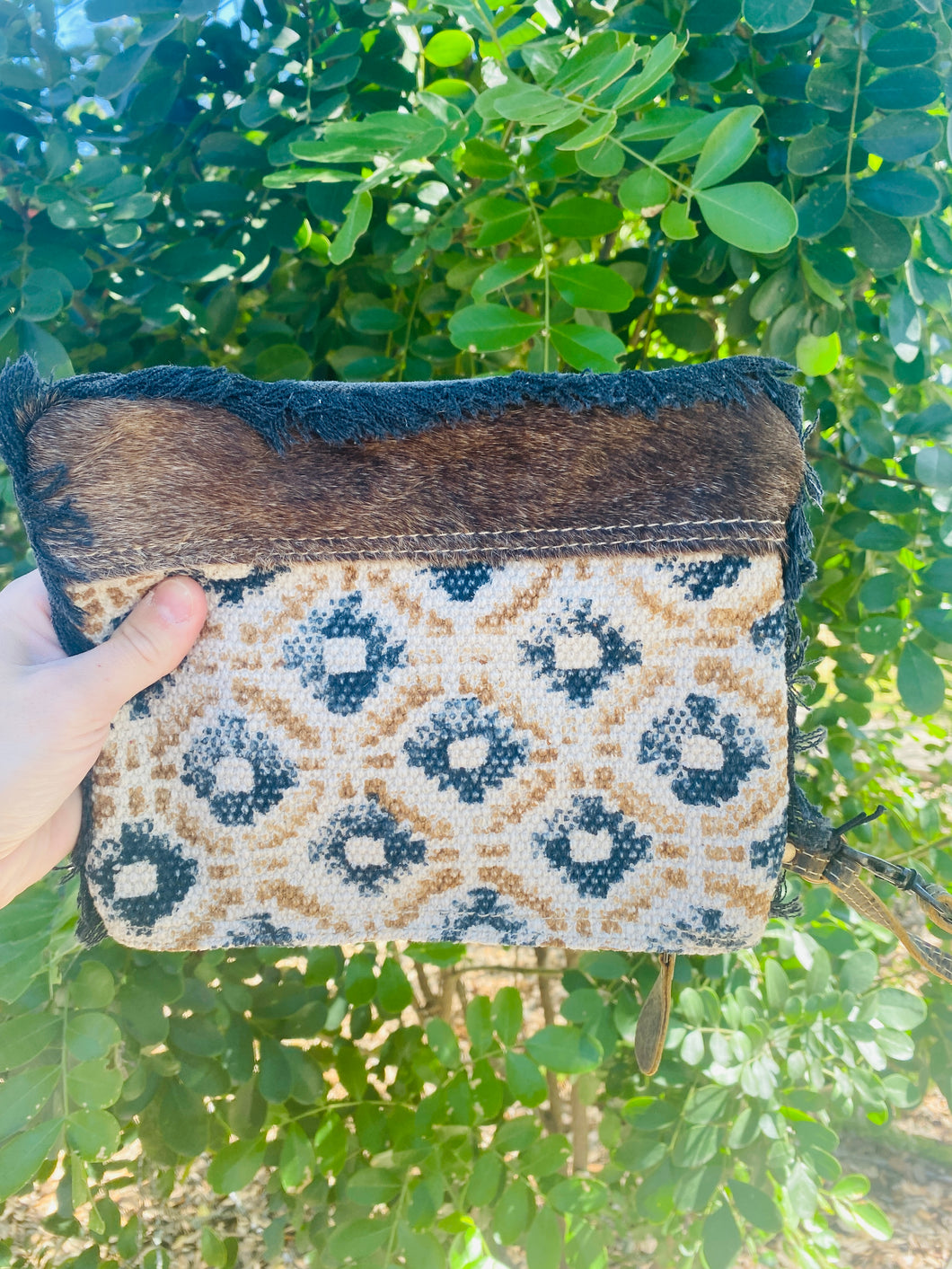 Navy & Mustard Abstract Cowhide Wristlet