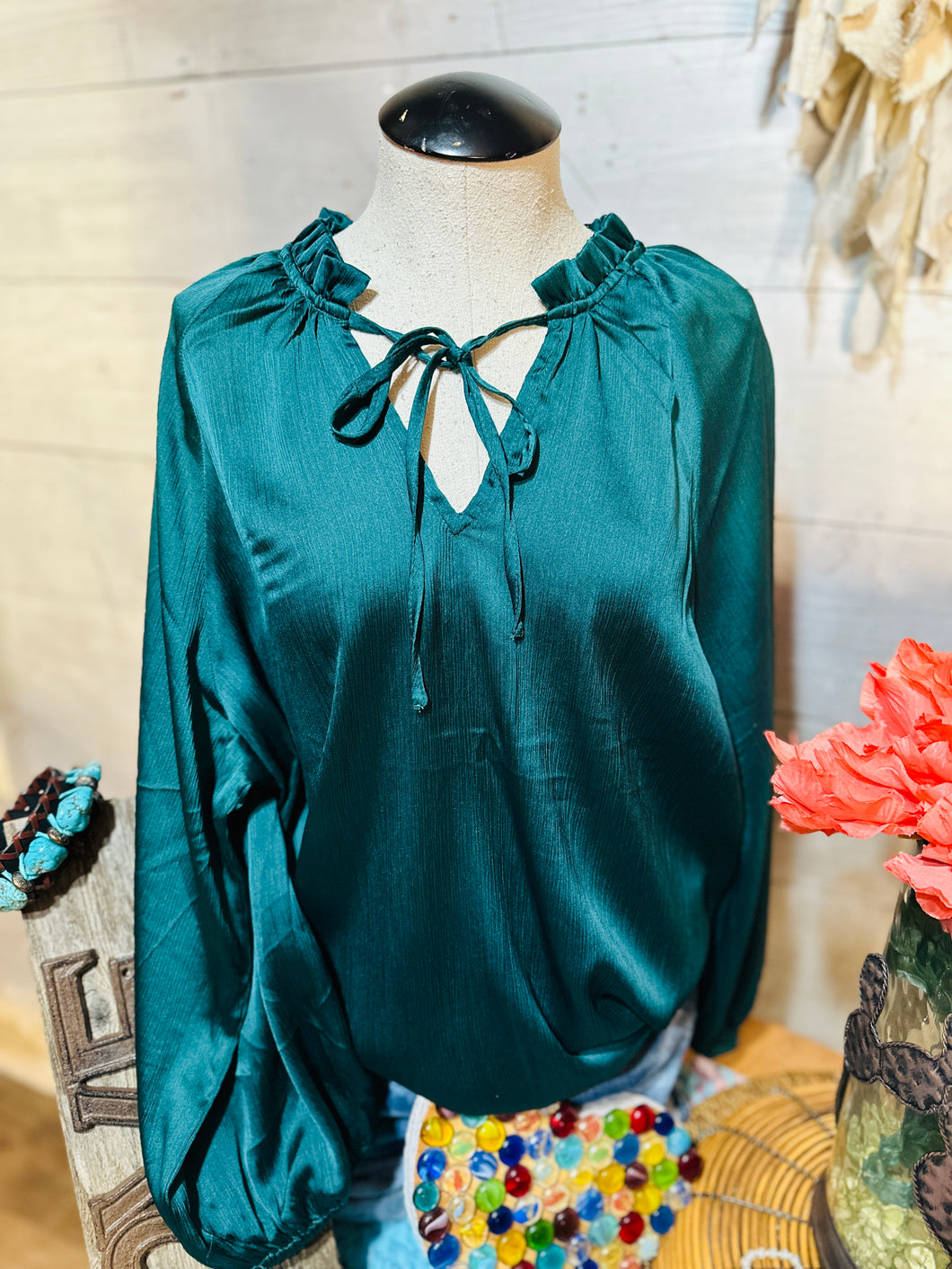 Hunter Green Satin top with Tie Front