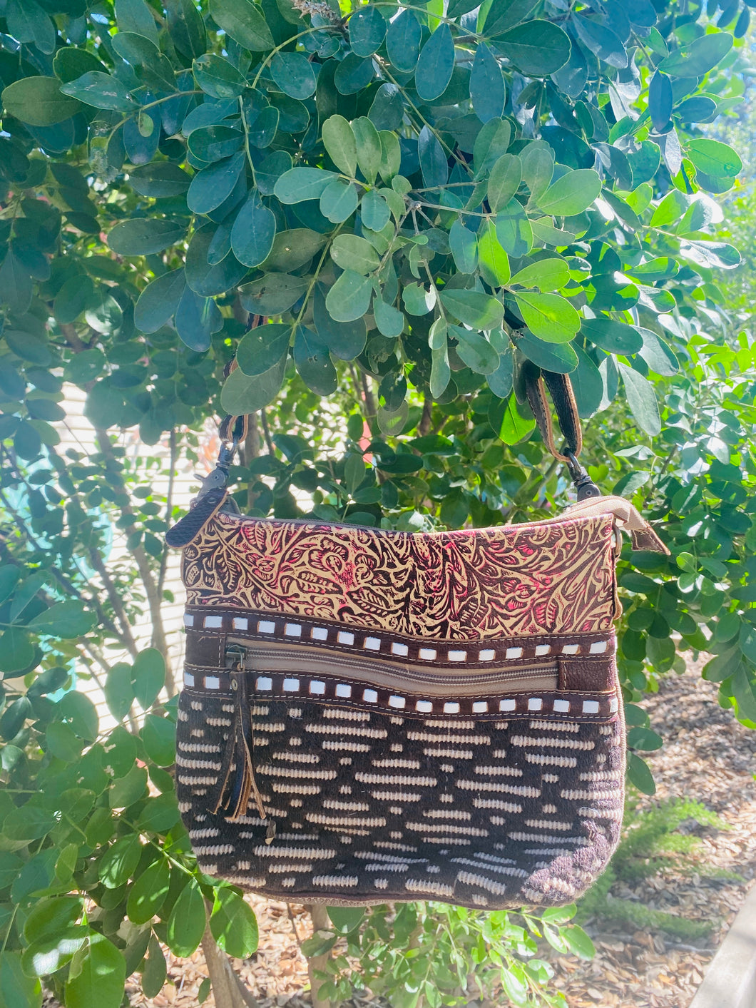 Brown & Hot Pink Tooled Leather Crossbody Bag