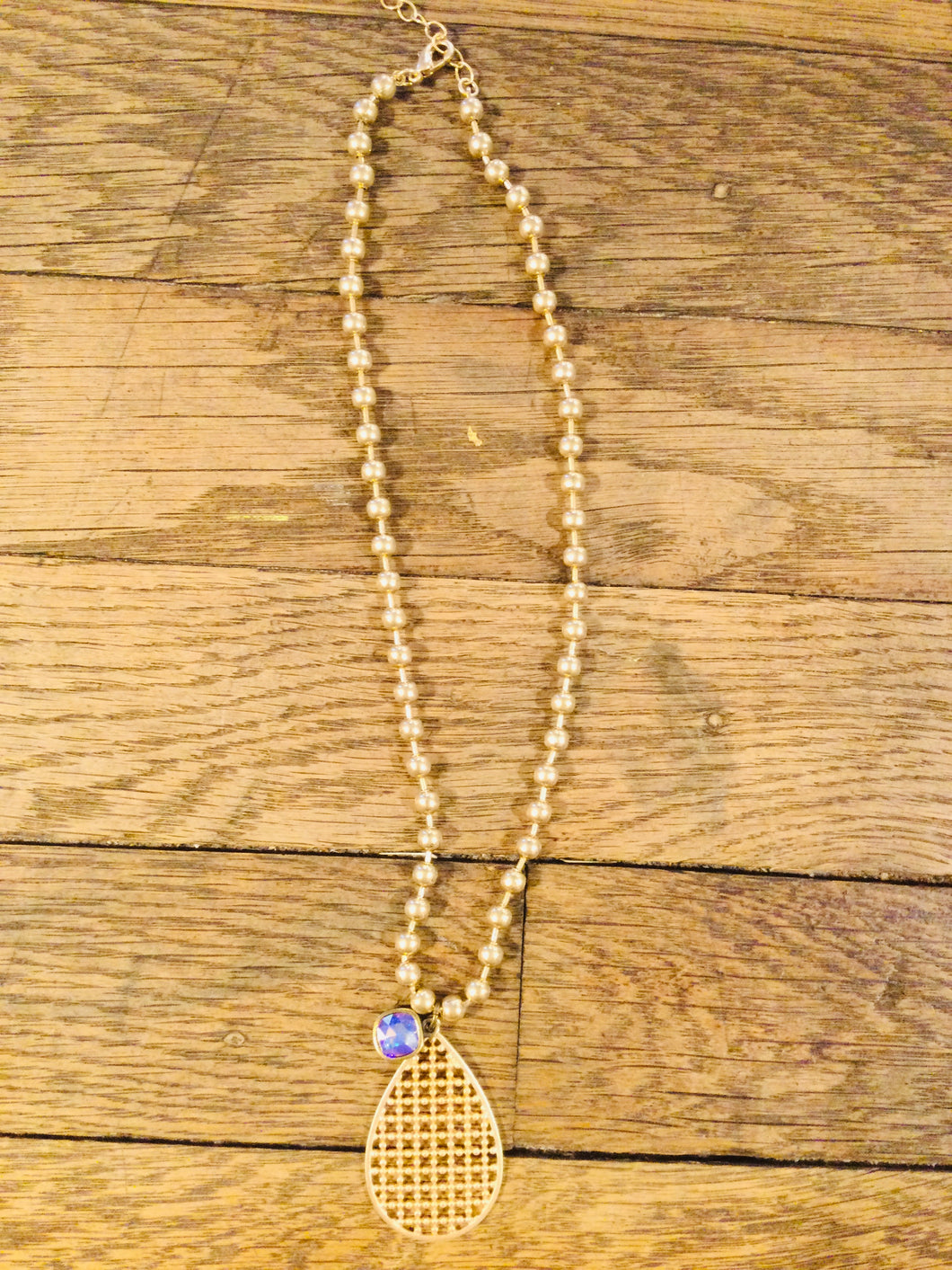 Gold Open Lace Teardrop Beaded Ball Necklace