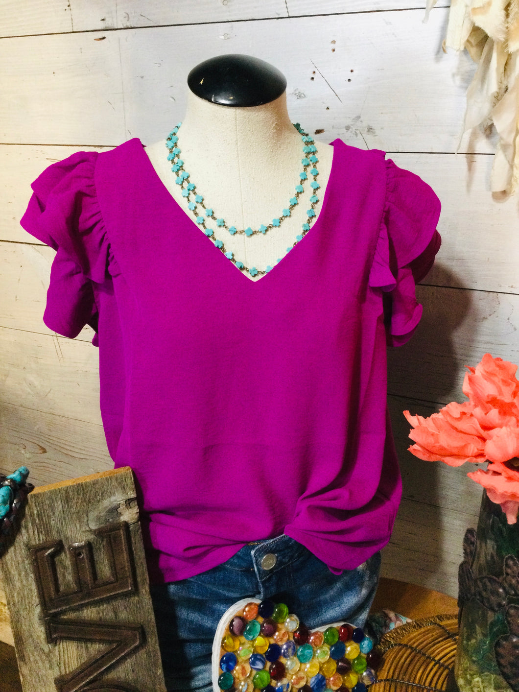 Magenta Flutter Sleeve Blouse