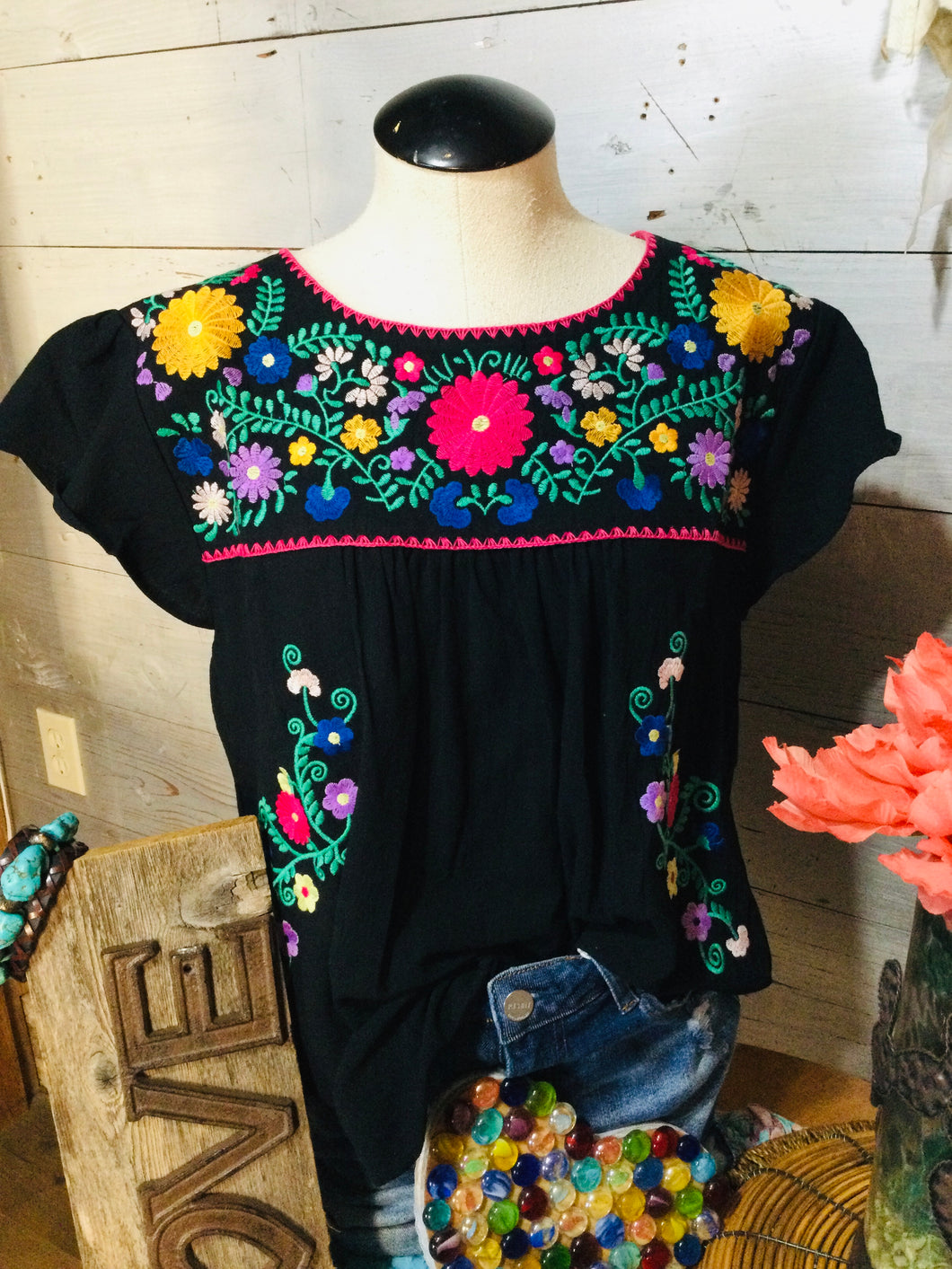 Black Embroidered Floral Top
