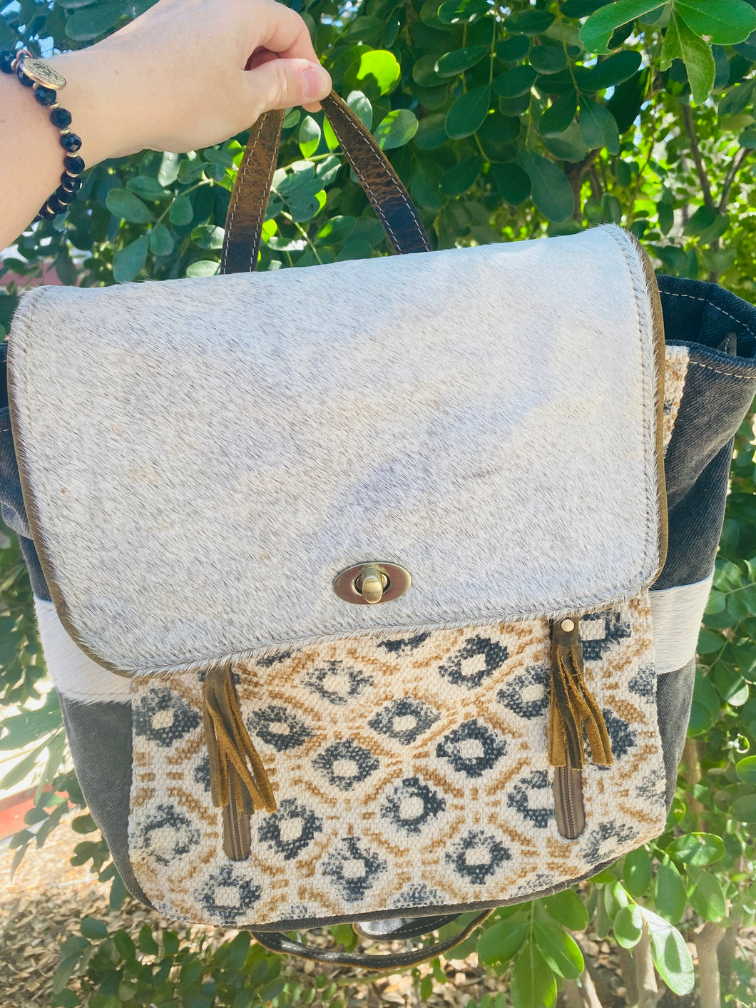 Grey Cowhide Abstract Backpack