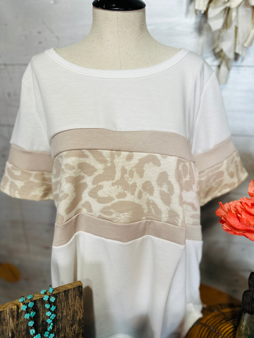 Cream Leopard Color Block Tee