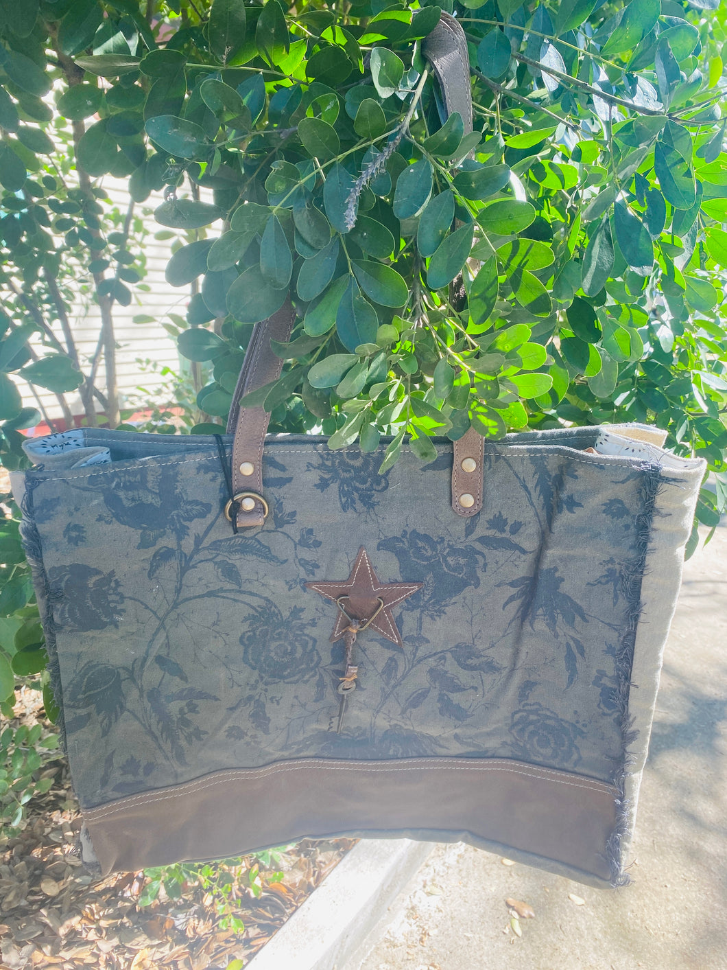 Grey Floral & Fringe Tote